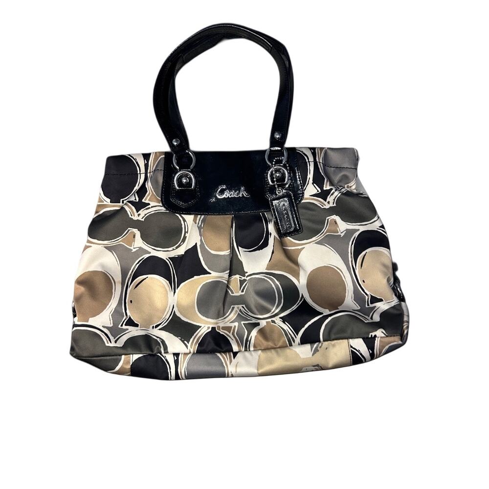 Coach Ashley Signature Satchel Tote Patent Leather Trim Silver Hardware